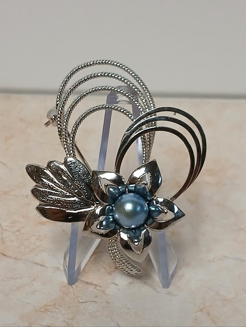 Vintage Silver Floral Brooch with Blue Pearl Center